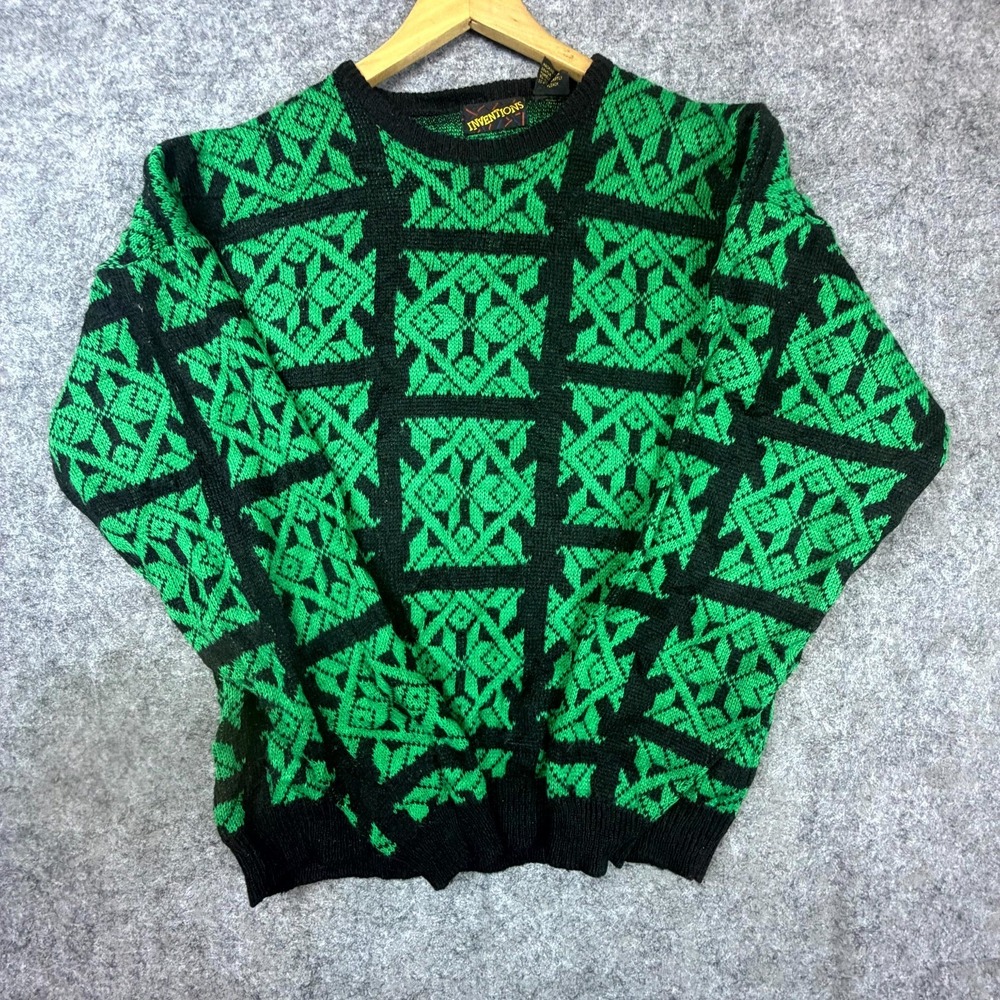 Vintage Inventions Sweater Women Large Green Patterned Retro 80s Bold Maximalist